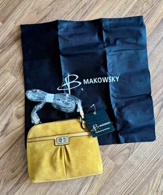 B. Makowsky Maisie Gold Suede Zip Around Crossbody Bag Leather Trim Turnlock - Image 1 of 4