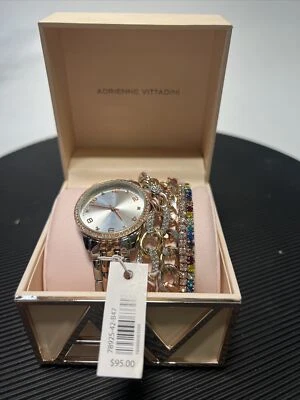 NEW ADRIENNE VITTADINI CRYSTALS PAVE 4 PC SET SILVER+ROSE GOLD WATCH+3 BANGLES Foto 1 de 4
