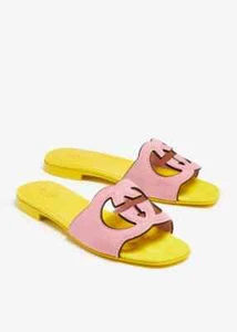 GUCCI INTERLOCKING G CUT-OUT LEATHER/SUEDE SLIDES IT-38.5 DOLLY PINK YELLOW NIB - Picture 1 of 7