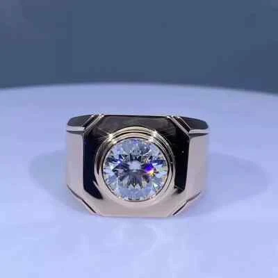 Мужское обручальное кольцо из настоящего муассанита круглой огранки с покрытием из розового золота 14 карат с мизинцем 2 карата - Изображение 1 из 4