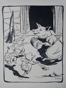 The Little Pigs Accordion Children Fairytale Book Print Decor B&W Vtg 1930s - Picture 1 of 2