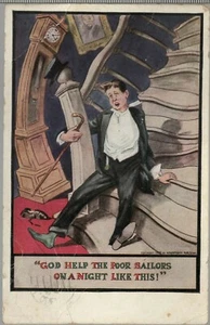 AMERICAN COMIC POSTCARD 1911 DRUNK - GOD HELP POOR SAILORS ON A NIGHT LIKE THIS - Picture 1 of 2