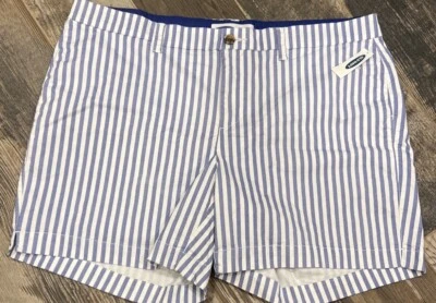 Pantalones cortos antiguos azul marino para mujer mezcla de algodón azul blanco a rayas talla 18 cintura 42 Foto 1 de 4