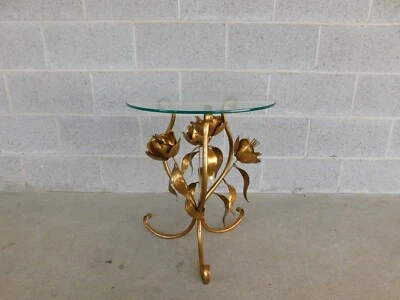 Italian Regency Gilt Gold Metal Base Round Glass Top Accent Table - Image 1 of 4