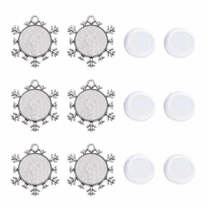 5sets Christmas Snowflake Pendant Setting Dome Glass Cabochons 25mm Tray - Picture 1 of 5