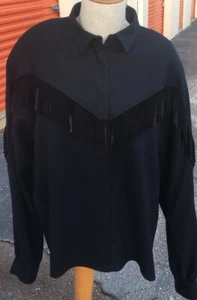 Vintage Francesca of Damon 4 Starington 100% Wool L/S Black Blouse SZ 16 Fringe - Picture 1 of 5