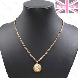 LION HEAD small medallion disc GOLD FASHION NECKLACE bling HIP HOP short CHAIN - Picture 1 of 3