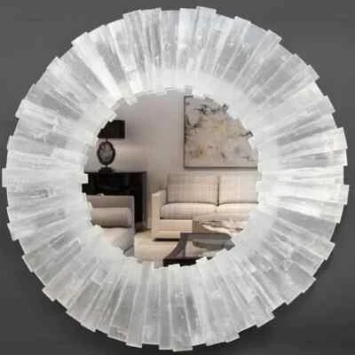 Selenite Stone Mirror Frame, Handmade Selenite Mirror Frame Sun Burst Arts Deco - Image 1 of 4