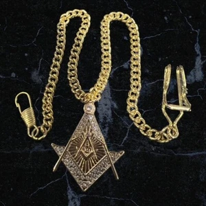 Masonic Gold Pocket Watch Chain Freemason Symbol Freemason Crystal 24k Gold Clad - Picture 1 of 6