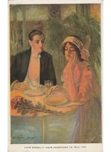antica cartolina A. J. Dewey - Love signal - cena innamorati moda d'epoca - Picture 1 of 2