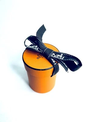 HERMÈS Hermes Orange Twilly Scarf Round Box Empty w Brown Ribbon 3” x 2”