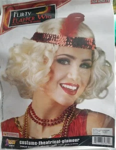 Rubies New Blonde Curly Bob Flapper Wig and Red Sequin Feather Headband, New - Picture 1 of 1
