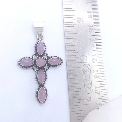Colgante Cruz Hecho a Mano Joyería Piedras Preciosas Cuarzo Rosa Natural Plata de Ley 925 Foto 1 de 2