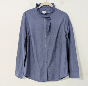 J. Crew Factory neu mit Etikett Blumen Ösen Rüschen Ausschnitt Knopfleiste Shirt blau Small S - Bild 1 von 10