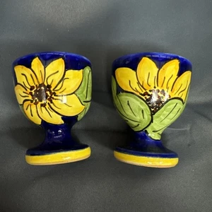 Set of 2 - Egg Cups - Hand Painted - Siena Made In Italy - Signed - Sunflowers - Picture 1 of 13