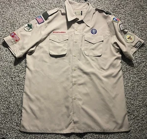 Boy Scouts of America BSA Mens XL Uniform Shirt Tan Vented Poly Microfiber Sewn - Picture 1 of 12
