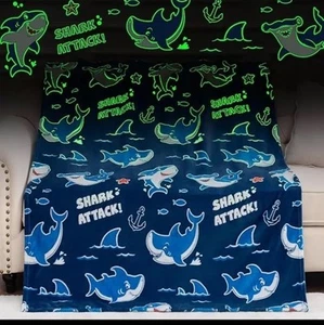 Glow In The Dark Shark Blanket 60 X 50" Premium Flannel Throw Blanket - Picture 1 of 3