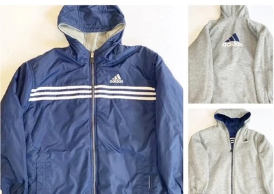 Chaqueta con Capucha Reversible Vintage Adidas Yth L Azul Cortavientos/Vellón 2 en 1 Foto 1 de 4