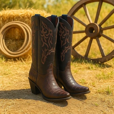 Botas occidentales Circle G Caiman exóticas de cuero marrón con punta para mujer talla 7,5 Foto 1 de 4