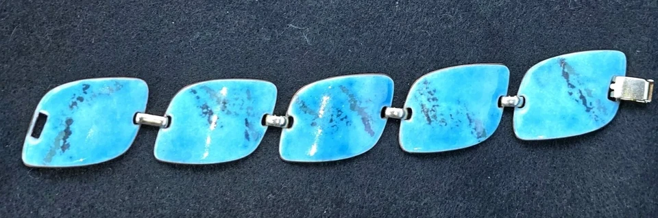 Pulsera Vintage Mediados de Siglo Modernista K Denning Cobre Azul Blanco Esmalte Foto 1 de 4