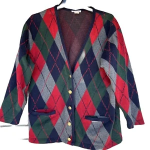 Vintage Talbots Argyle Sweater Cardigan Large Preppy Academia gold buttons - Picture 1 of 9
