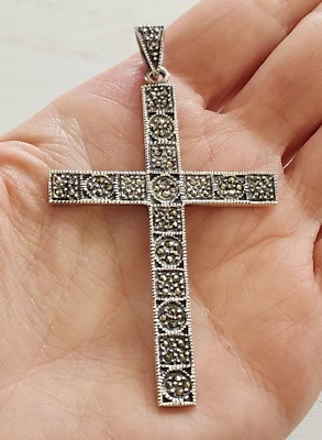 Colgante Cristiano Cruz Marcasita Plata Esterlina 925 Grande Vintage Foto 1 de 4