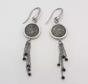 Orecchini argento 925 moneta romana gioiello donna pietre spinello nero - Foto 1 di 3