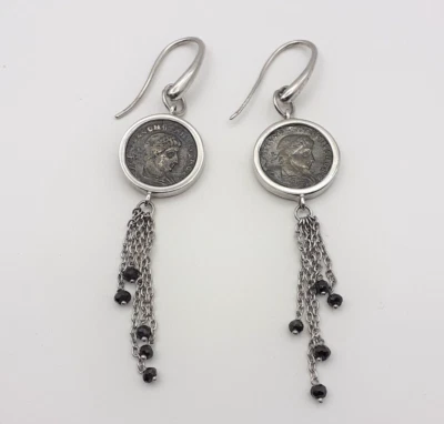 Orecchini argento 925 moneta romana gioiello donna pietre spinello nero - Immagine 1 di 3