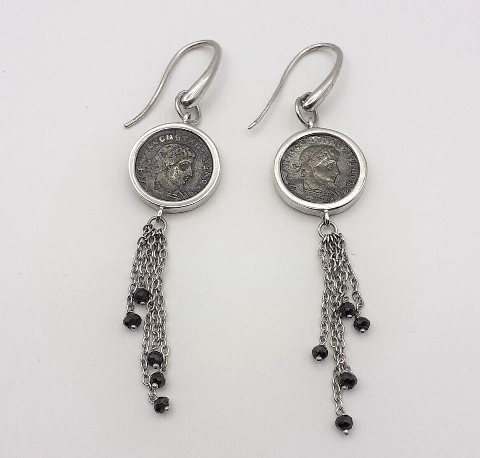 Orecchini argento 925 moneta romana gioiello donna pietre spinello nero - Immagine 1 di 3