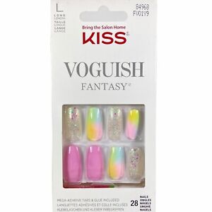NEW Kiss Nails Voguish Fantasy Press Glue Manicure Long Coffin Pink Yellow Blue