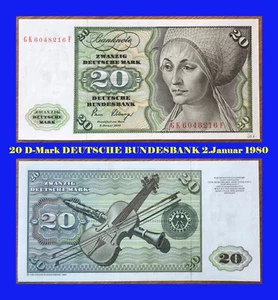 Ⓜ️ 20 Deutsche Mark ☘️ 2.Januar 1980 DM 💥 Schein Bundesbank 🍄 GK 6048216 F 🌐 - Bild 1 von 3