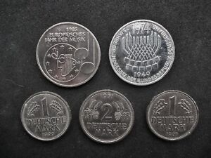 5 x Münzen BRD = 1 x 5 DM Silber - 1 x 5 DM Cu - Ni - 1 x 2 DM 1951 J - 2 x 1 DM