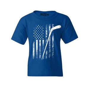 Distressed Hockey American Flag Patriotic Youth's T-Shirt Hockey Shirts - Picture 1 of 10