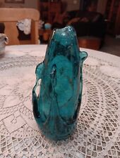 Hand Blown Teal Turquoise Art Glass With Swirl Optic Unique Small Hole Vase