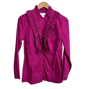 Soft Surroundings Magenta Pink Ruffle Tuxedo Blouse Top Button Down S Small - Picture 1 of 7