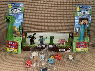 Minecraft Micro Mob Figures Set Steve Creeper Pig Ender Dragon Mattel 2023 Pez - Image 1 of 4