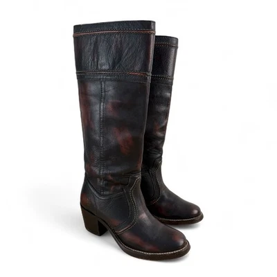 FRYE Jane Tall Riding Boots Block Heel Stitch Leather Antique Brown Sz 5.5 - Image 1 of 4