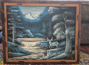 "Pintura de terciopelo mexicano MCM vintage paisaje de ciervos 22,5""X 18"" enmarcado" - Imagen 1 de 8