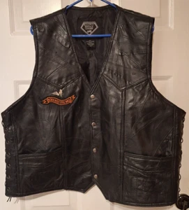 Diamond Plate Buffalo Leather Black Motorcycle Biker Snap Vest w/ Patches 2X - Picture 1 of 9