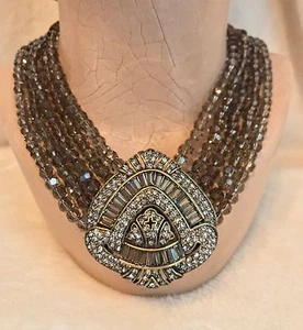 HEIDI DAUS Brown Bead Triangle Shaped NECKLACE - White SWAROVSKI Crystals - Picture 1 of 12