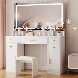 Vanity Desk Set with Large LED Lighted Mirror Power Outlet White Makeup Vanity T - Picture 1 of 9