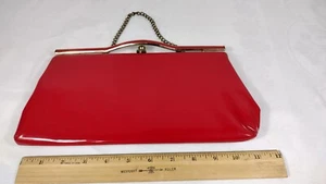 Vintage Red Vinyl Clutch / Purse / Handbag 11x6” Unbranded Gold Trim - Picture 1 of 12