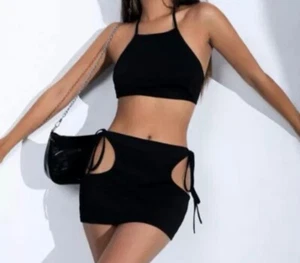 Tie Backless Crop Halter Top & Cutout Bodycon Skirt Set -Womens M - Picture 1 of 2