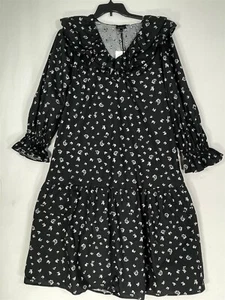Who What Wear Prairie Chic Dress Womens Medium Long Sleeve Pockets Black Floral - Picture 1 of 12