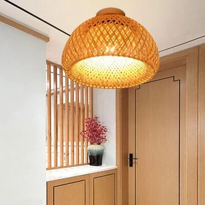 Bamboo Wicker Rattan Light Fixture Flush Mount Hanging Ceiling Lamp - Picture 1 of 4