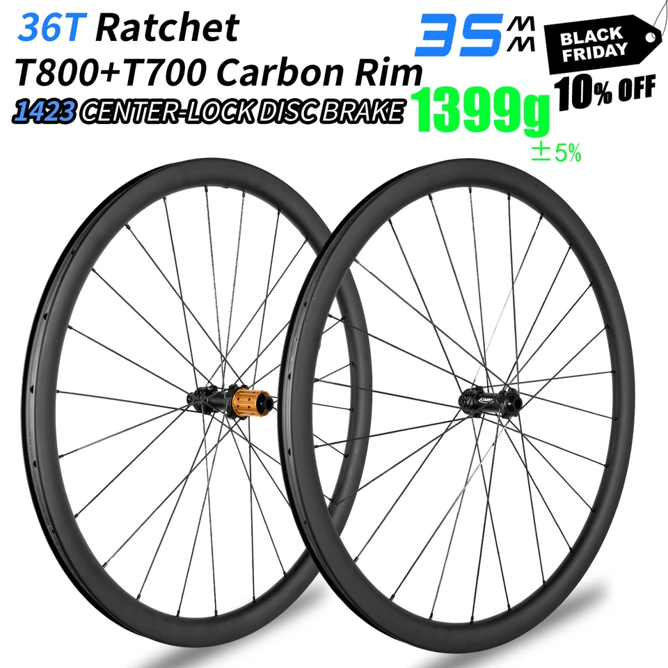 700C 35mm Carbon Wheelset 36T Hub Center Lock 1399g Aero Butted Spokes - Image 1 of 4