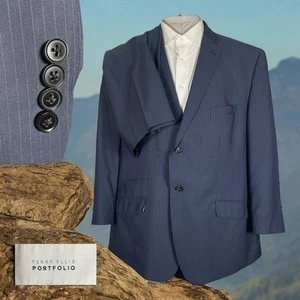 Perry Ellis 2 Piece Suit Mens 48S 42x26 Blue Striped Polyester Double Vented - Picture 1 of 13