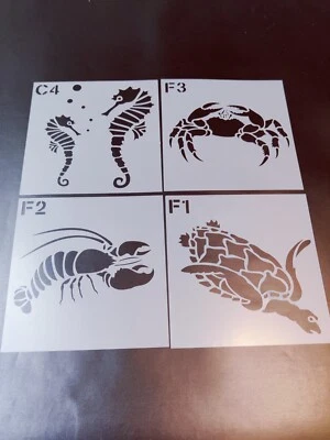 Set x 4 Sea Life Creatures Stencils Crab Seahorse Turtle Bathroom Art Underwater