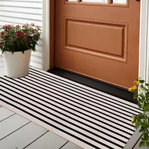 Black and White Striped Outdoor Rug Runner 24"X51" Layering Doormat Farmhouse Fr - Picture 1 of 12