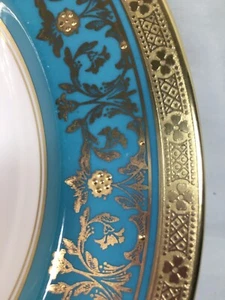 (6) Aynsley 'Kenilworth' Turquoise & Gold Encrusted 9.375 Inch RIMMED SOUP BOWLS - Picture 1 of 12